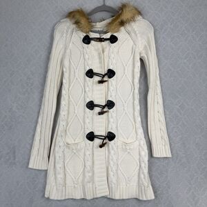 Y2K Faux Fur Trim Hooded Cardigan Sweater Jacket Medium Cream Cable Knit Gilmore